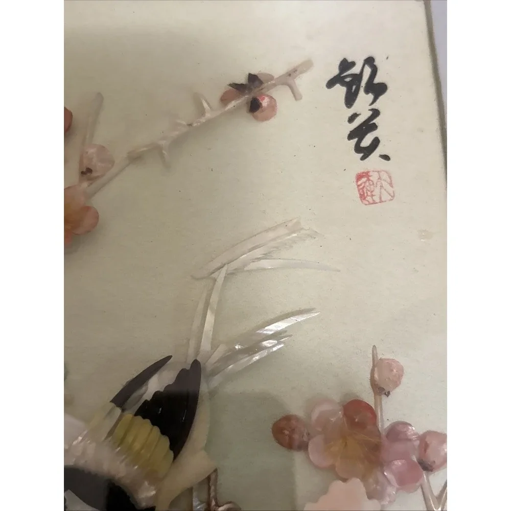 Vintage Chinese Shell Art Birds Flowers Diorama Shadow Box Pearl Brand